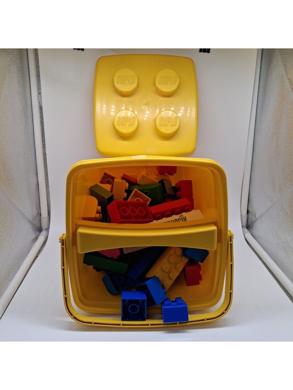 LEGO DUPLO Yellow Storage Carry Case Bin w/ 74 Assorted Building Blocks Bricks - Picture 1 of 4